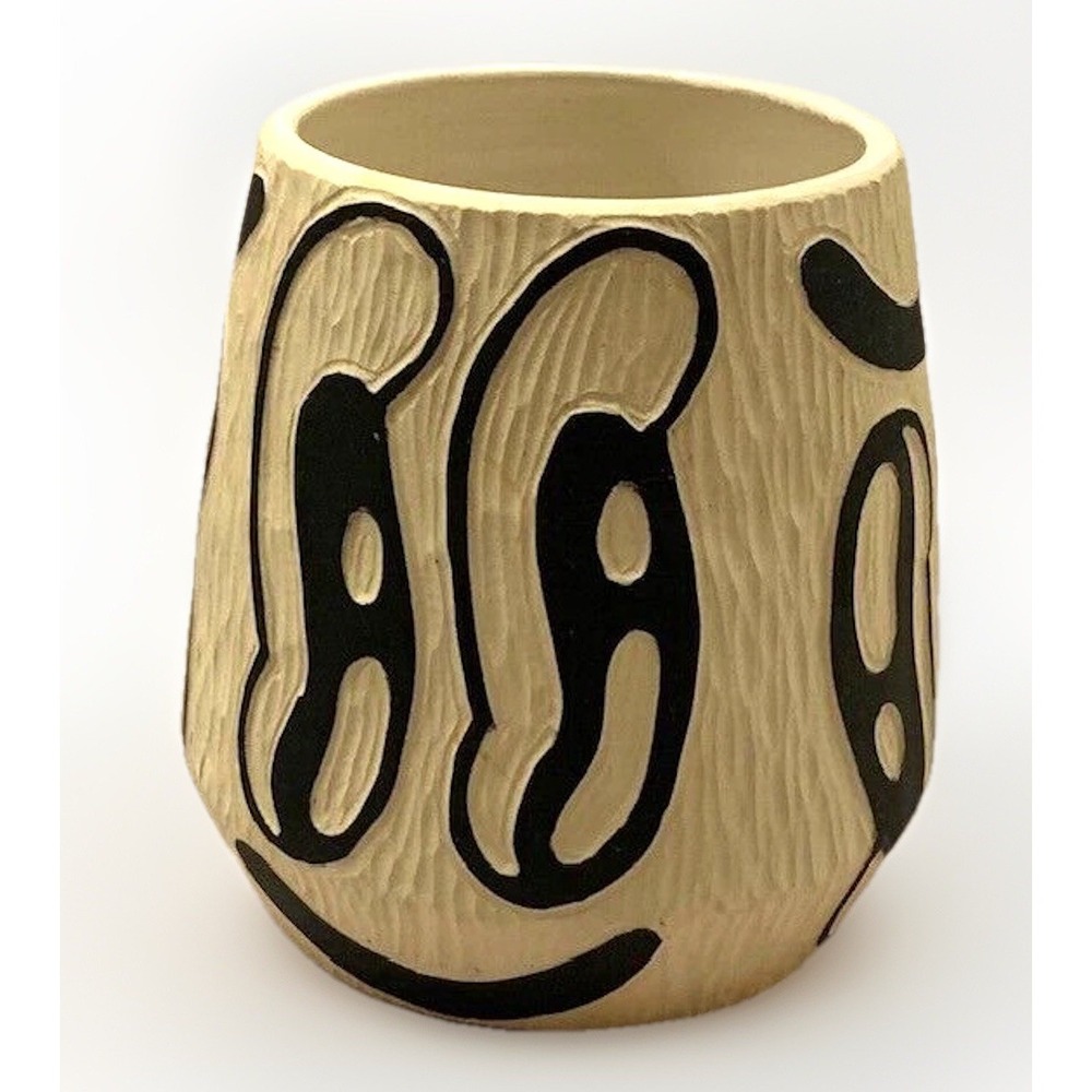 Studio Art Pottery Face Vase Planter Beige Black Smile Retro Boho Pot Hand Carve